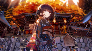 Kimono fireplace autumn leaves anime - a fire place free wallpaper