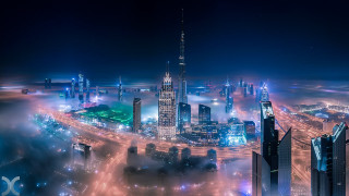 Cityscape night fog lights bridge - fog in the air free wallpaper