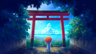 Cityscape umbrella shrine stairs nature - a gate free wallpaper