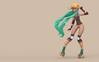 Green hair roller skater 3d - a beige background free wallpaper