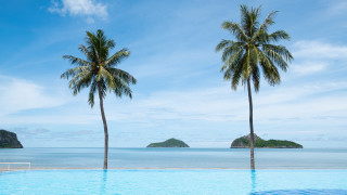 Pool ocean palm trees beach - a small island in the distance free wallpaper