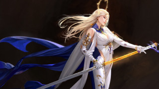 Woman white dress sword blue 2 - a blue cape free wallpaper