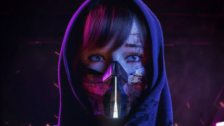 Woman makeup hoodie gun purple - a purple light behind her free wallpaper