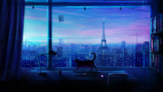 Cat window city night alena - a view of the city free wallpaper for desktop