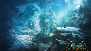 Man mountain waterfall fantasy world - key art free wallpaper for desktop