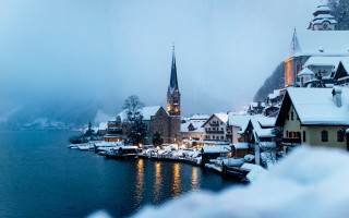 Snowy town church lake mountain - evgeny lushpin free wallpaper