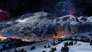 Snowy mountain city night purple - sky above free wallpaper