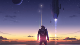 Sunset spaceship planet astronaut clouds - a spaceship in the background free wallpaper