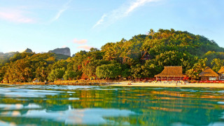 Tropical beach hut mountain blue - edi rama free wallpaper