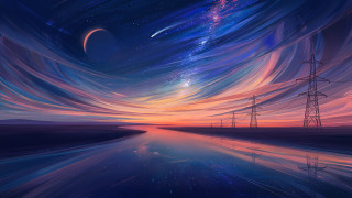 Sunset lake powerlines starry sky - a painting of a sunset free wallpaper
