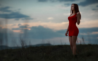 Woman red dress field sunset - free bikini wallpaper
