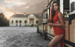 Woman red dress bus background - cinematic free wallpaper for desktop