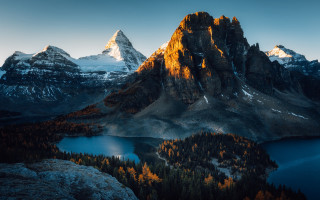 Mountain lake forest sunset snowy - a lake and trees free wallpaper