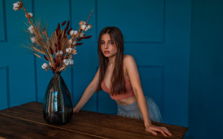 Woman vase flower blue wall - elina karimova free wallpaper for desktop