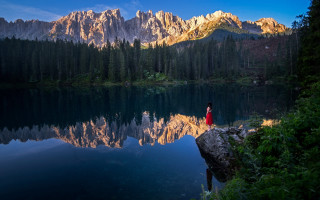 Woman rock lake mountains forest - andrea orcagna free wallpaper