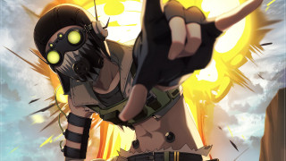 Woman gasmask pointing gun explosion - dr. atl free wallpaper