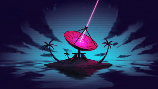 Pink object water palm trees - synthwave style free wallpaper