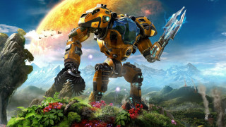 Yellow robot field fire water - biopunk free wallpaper