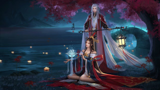 Fantasy woman forest sitting lantern - fantasy artwork free wallpaper