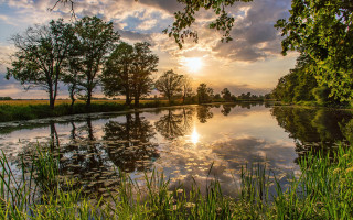 River sunset reflection trees clouds - free summer wallpaper