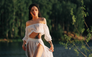 Woman white dress lake forest - neoromanticism free wallpaper