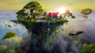 Floating island waterfall house hot - a hot air balloon free wallpaper for desktop