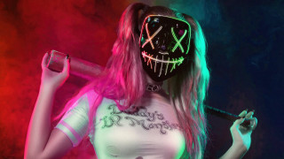 Neon mask woman cigarette glow - her hand and a cigarette free wallpaper