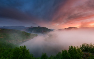 River trees sunset mist magic - mist free wallpaper