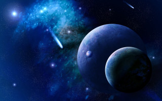 Blue planet galaxy stars space - two smaller planet free wallpaper
