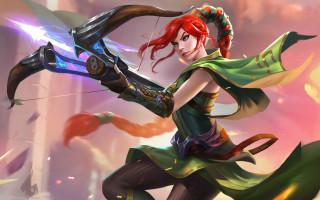 Red haired woman bow sky - a fantasy setting free wallpaper