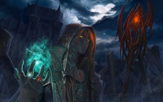 Woman glowing green ball castle - a full moon free wallpaper for desktop