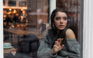 Woman window cafe coffee night - gloomy free wallpaper