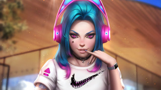 Blue hair headphones pink white - hair free wallpaper for desktop
