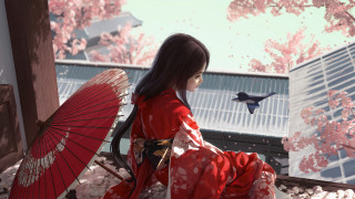Woman red kimono bird umbrella - a red umbrella free wallpaper