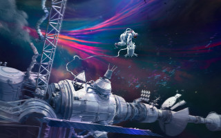 Metal crane planet starry sky - a large metal object free wallpaper for desktop