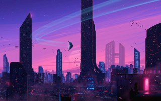 City skyline bird night purple - anton fadeev free wallpaper for desktop