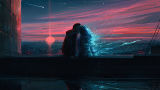 Couple night water city aurora - rossdraw global illumination free wallpaper