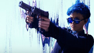 Blue haired woman gun cyberpunk - blue hair holding free wallpaper