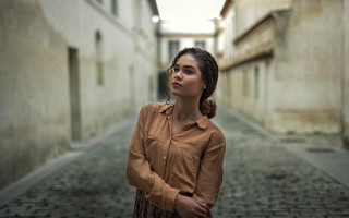 Woman alleyway brown shirt serious - barbizon school free wallpaper