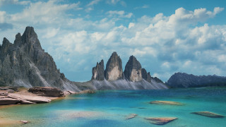 Mountain lake rocks boat sky - blue water free wallpaper