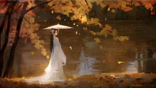 Woman white dress umbrella lake - an umbrella in front free wallpaper