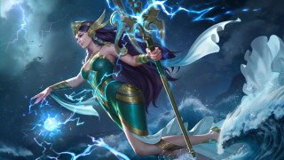 Woman blue dress sword lightning - a blue dress holding free wallpaper