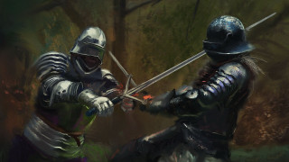 Knights armor forest duel sword - art greg rutkowski free wallpaper