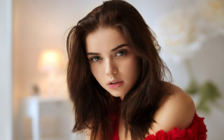 Woman red dress halfup hair - slight free wallpaper