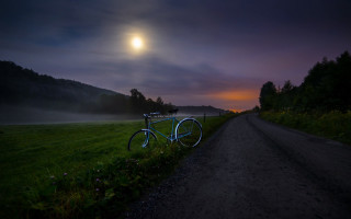 Bike moonlit foggy night outdoor - the side of a road free wallpaper for desktop