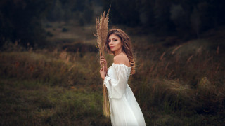 Woman white dress wheat field 2 - anna hotchkis free wallpaper