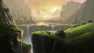 Mountain landscape waterfall river sunset - a painting of a mountain landscape free wallpaper