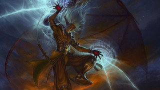 Man sword demon arm painting - a painting of a man holding free wallpaper