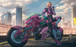 Futuristic woman pinkmotorcycle cat cyberpunk - the ground in front free wallpaper for desktop
