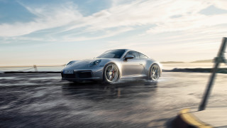 Silver sports car ocean road - path free wallpaper